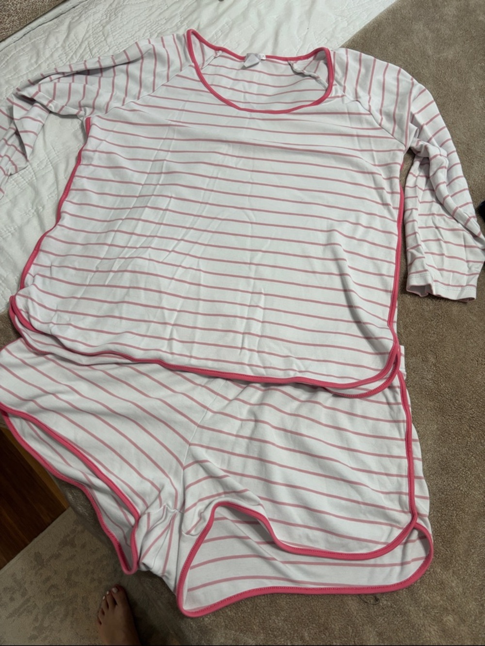Women's White and Pink Striped Two-Piece Pajama Set